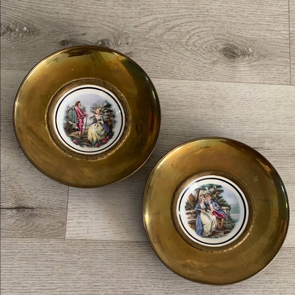 Set 2 Regency Bone‎ China Brass and Ceramic Victorian Courting Scence wall plate